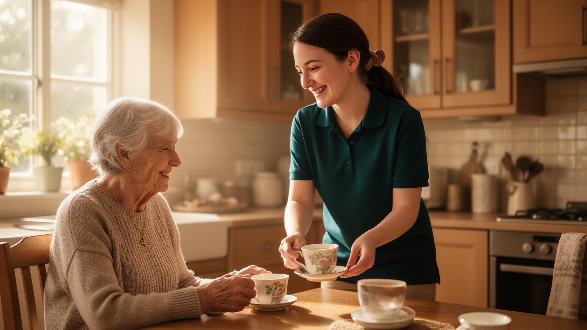 Caregiver and elderly woman sharing tea