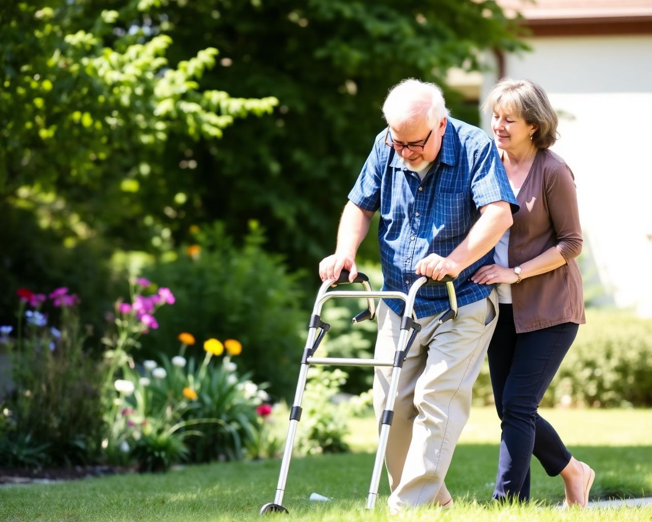 Caregiver walking with elderly man